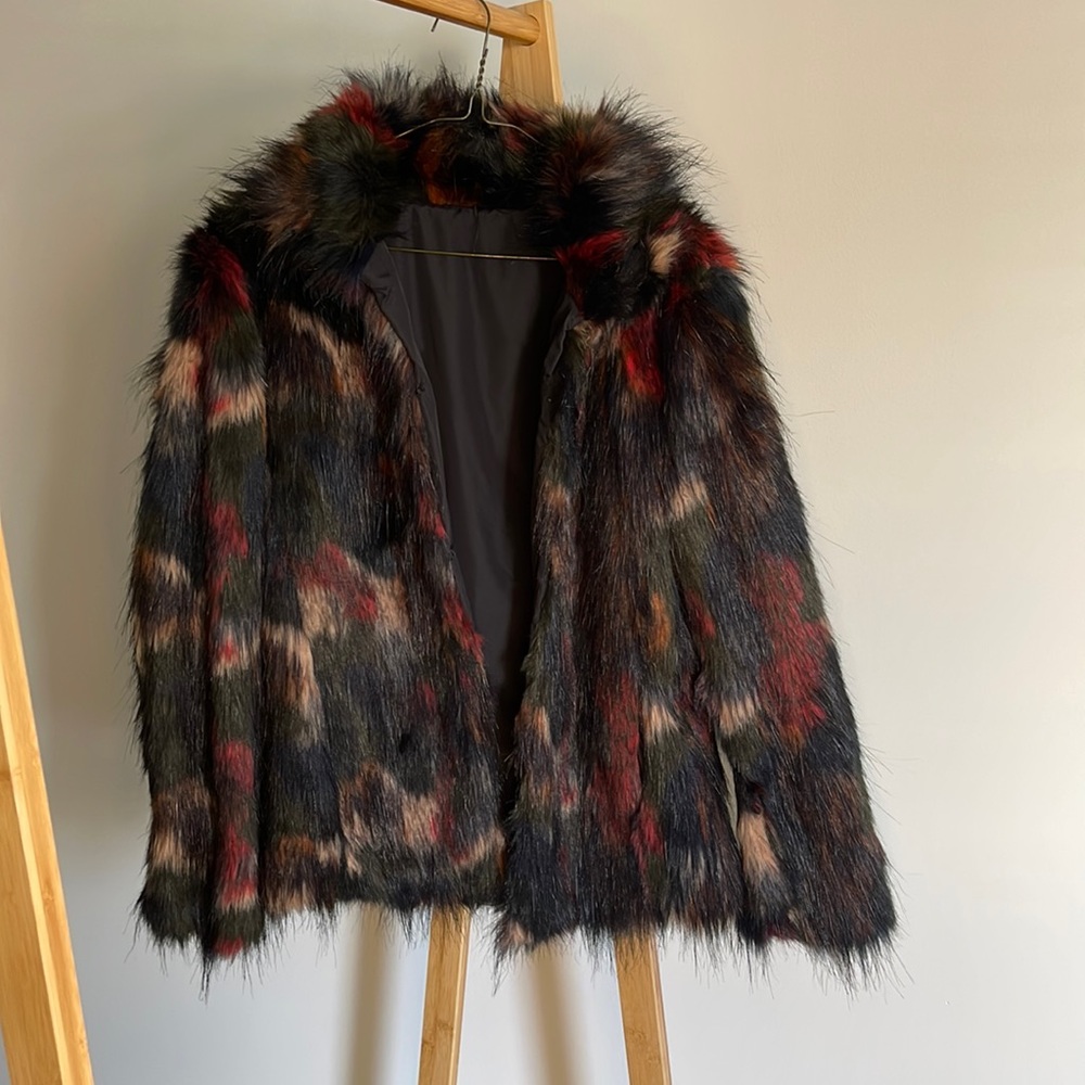 Black Multi-Color Faux Fur Coat